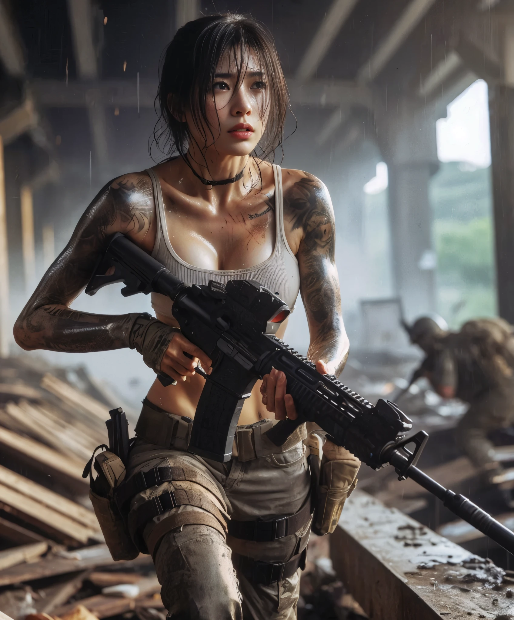 8k,Realistic Photo、Realistic Skin Texture、Superrealism、Japanese women in the U.S. military、Tattoo、Under the old bridge、Waste、Automatic rifle、Heavy equipment、after the rain、Covered in scars、It is dirty、muscle、The background is out of focus、Run while avoiding gunfire、Bullets at your feet、Desperate look、Scream、Dramatic Images、Sprinting Fierce Battle、Ace、Flying bullets