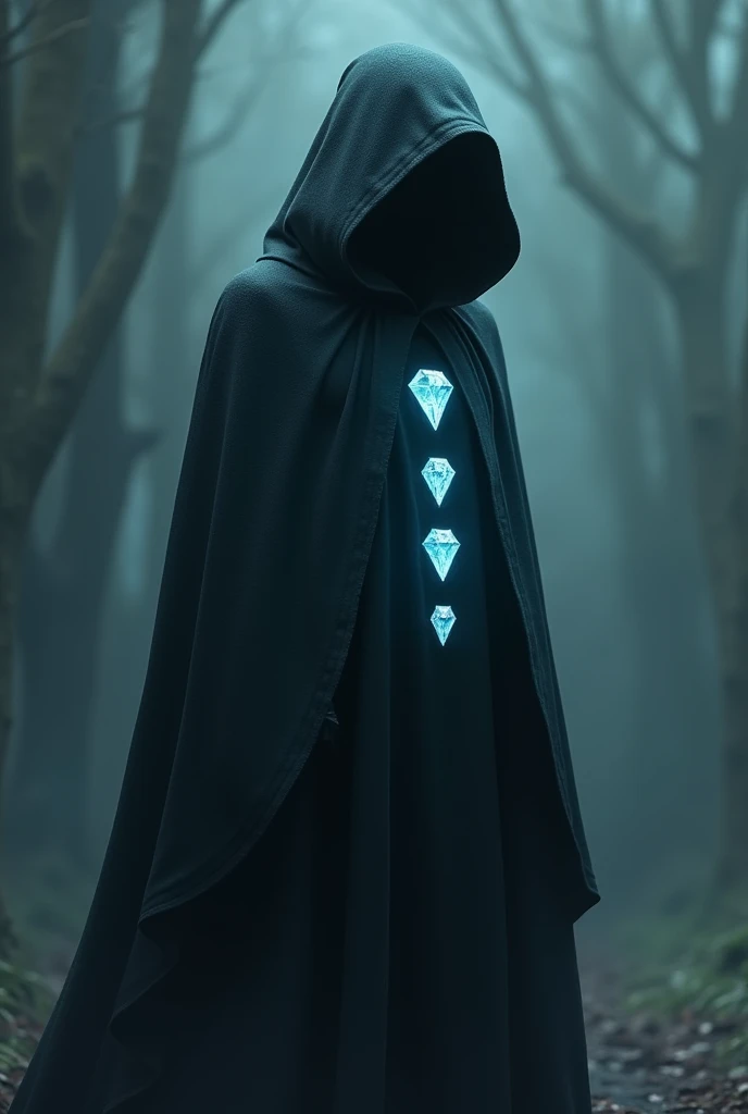 Person with cape and hood .
3 diamonds shine from the cloak