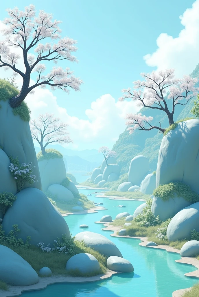 A hill of light blue stones with green and dry trees with flowers and at the foot of the hill a river runs 