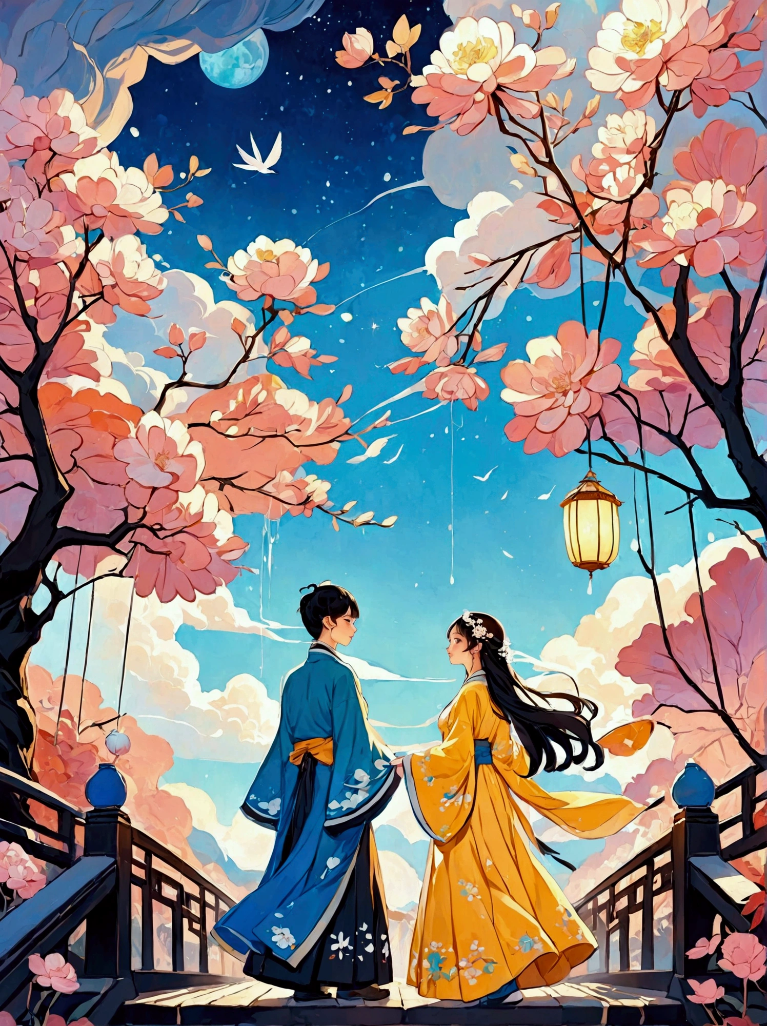 Color lead illustration,fairy tales,Hand-painted feel,exquisite,Blue sky and white clouds,warmth,Soft Light,exquisite,Healing style,HD,Surreal space,abstract,Qixi Festival,Ancient Chinese Mythology,by Amigurumi,New three-dimensional ancient style,A boy and a girl in Hanfu standing on a magpie bridge made of soft pink clouds。These clouds are fluffy and soft,As if just plucked from the sky,每一朵都有着exquisite的纹理和微微的弹性。The edge of the magpie bridge is still hung with strings of glittering pearl-like dewdrops.,About to drip。The starry sky around,Stars are not the usual sharp points of light,But each one is round and full、A ball of light woven from soft threads of light,散发着柔和而warmth的光芒,Like freshly baked marshmallows。The clothes worn by the Cowherd and the Weaver Girl are made of silk that is as light as mist.,When the wind blows,The folds of silk flow naturally like water ripples,The edges of the clothing are inlaid with fluffy white down.,Adds a bit of warmth and romance。Their hair is not a rigid line.,But a strand of silky soft、Slightly curly filaments,As if I could feel the gentle breeze。