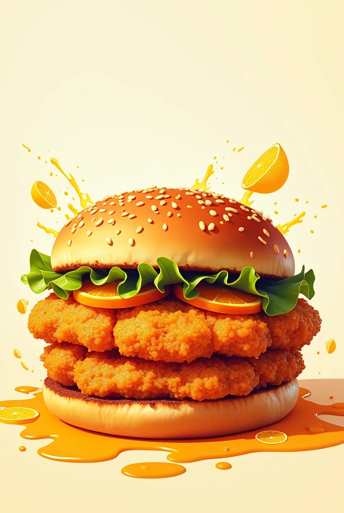 Create a sample illustration of an advertisement of an orange chicken flavored burger