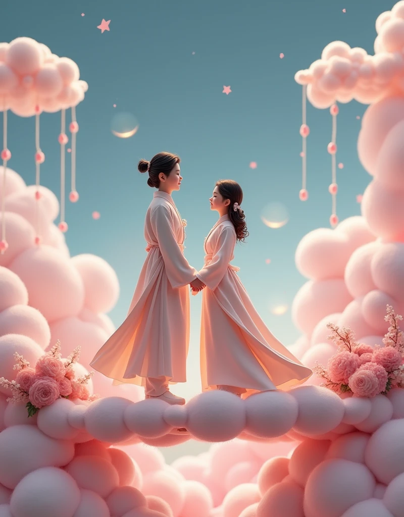 Miniature Landscape,Miniature Models,Fantasy Garden,Aesthetic healing,Wool material,Felt material,Rural scenery,Beautiful and poetic,In a vast 3D universe,The Cowherd and the Weaver Girl stand on a magpie bridge made of soft pink clouds。These clouds are fluffy and soft,As if just plucked from the sky,Each flower has a delicate texture and slight elasticity.。The edge of the magpie bridge is still hung with strings of glittering pearl-like dewdrops.,About to drip。The starry sky around,Stars are not the usual sharp points of light,But each one is round and full、A ball of light woven from soft threads of light,Exudes a soft and warm glow,Like freshly baked marshmallows。The clothes worn by the Cowherd and the Weaver Girl are made of silk that is as light as mist.,When the wind blows,The folds of silk flow naturally like water ripples,The edges of the clothing are inlaid with fluffy white down.,Adds a bit of warmth and romance。Their hair is not a rigid line.,But a strand of silky soft、Slightly curly filaments,As if I could feel the gentle breeze,Studio Lighting,3D,Close-up,Realistic lighting,Beautiful light,Edge Glow,Volumetric Light,Rim Light,Bioluminescence,Perfect composition,Masterpiece,8k
