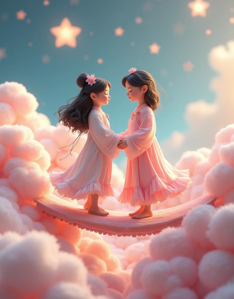 Miniature Landscape,Miniature Models，Fantasy Garden，Aesthetic healing，Wool material，Felt material，Rural scenery，Beautiful and poetic，In a vast 3D universe，The Cowherd and the Weaver Girl stand on a magpie bridge made of soft pink clouds。These clouds are fluffy and soft，As if just plucked from the sky，Each flower has a delicate texture and slight elasticity.。The edge of the magpie bridge is still hung with strings of glittering pearl-like dewdrops.，About to drip。The starry sky around，Stars are not the usual sharp points of light，But each one is round and full、A ball of light woven from soft threads of light，Exudes a soft and warm glow，Like freshly baked marshmallows。The clothes worn by the Cowherd and the Weaver Girl are made of silk that is as light as mist.，When the wind blows，The folds of silk flow naturally like water ripples，The edges of the clothing are inlaid with fluffy white down.，Adds a bit of warmth and romance。Their hair is not a rigid line.，But a strand of silky soft、Slightly curly filaments，As if I could feel the gentle breeze，Studio Lighting，3D,Close-up,Realistic lighting，Beautiful light，Edge Glow，Volumetric Light，Rim Light，Bioluminescence，Perfect composition，Masterpiece，8k