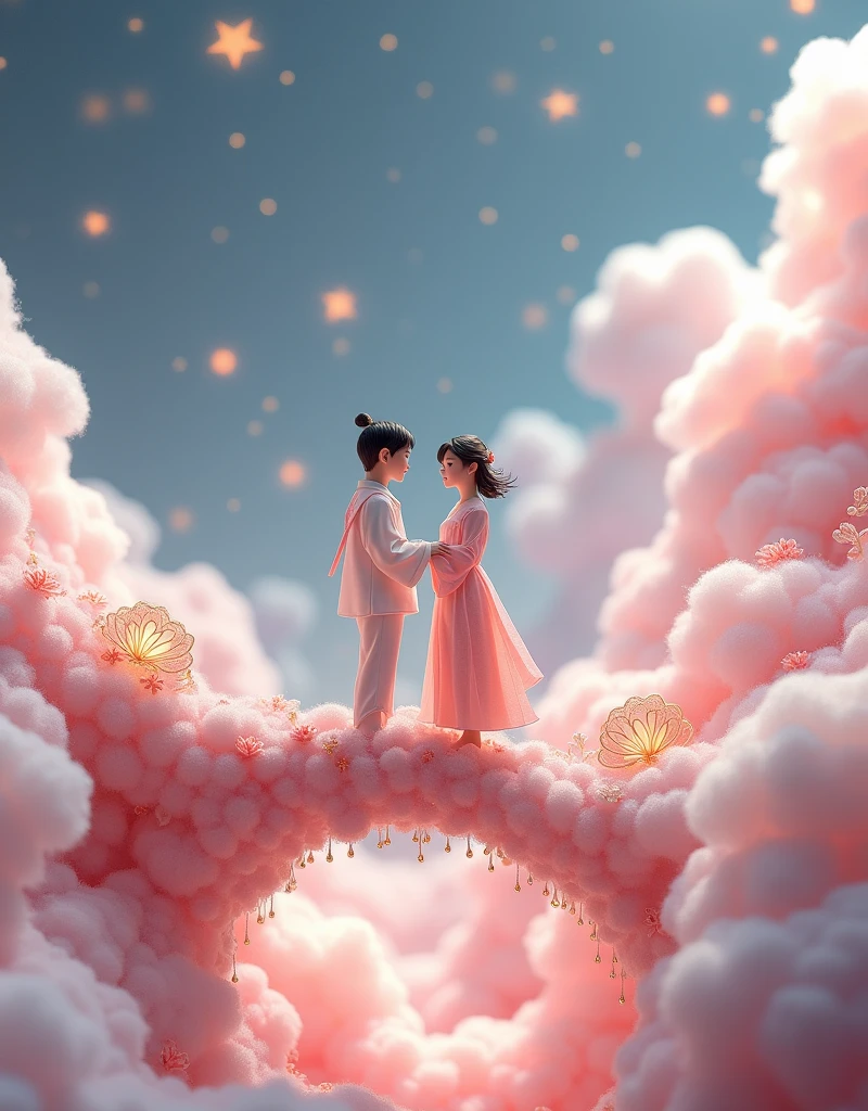 Miniature Landscape,Miniature Models，Fantasy Garden，Aesthetic healing，Wool material，Felt material，Rural scenery，Beautiful and poetic，In a vast 3D universe，The Cowherd and the Weaver Girl stand on a magpie bridge made of soft pink clouds。These clouds are fluffy and soft，As if just plucked from the sky，Each flower has a delicate texture and slight elasticity.。The edge of the magpie bridge is still hung with strings of glittering pearl-like dewdrops.，About to drip。The starry sky around，Stars are not the usual sharp points of light，But each one is round and full、A ball of light woven from soft threads of light，Exudes a soft and warm glow，Like freshly baked marshmallows。The clothes worn by the Cowherd and the Weaver Girl are made of silk that is as light as mist.，When the wind blows，The folds of silk flow naturally like water ripples，The edges of the clothing are inlaid with fluffy white down.，Adds a bit of warmth and romance。Their hair is not a rigid line.，But a strand of silky soft、Slightly curly filaments，As if I could feel the gentle breeze，Studio Lighting，3D,Close-up,Realistic lighting，Beautiful light，Edge Glow，Volumetric Light，Rim Light，Bioluminescence，Perfect composition，Masterpiece，8k