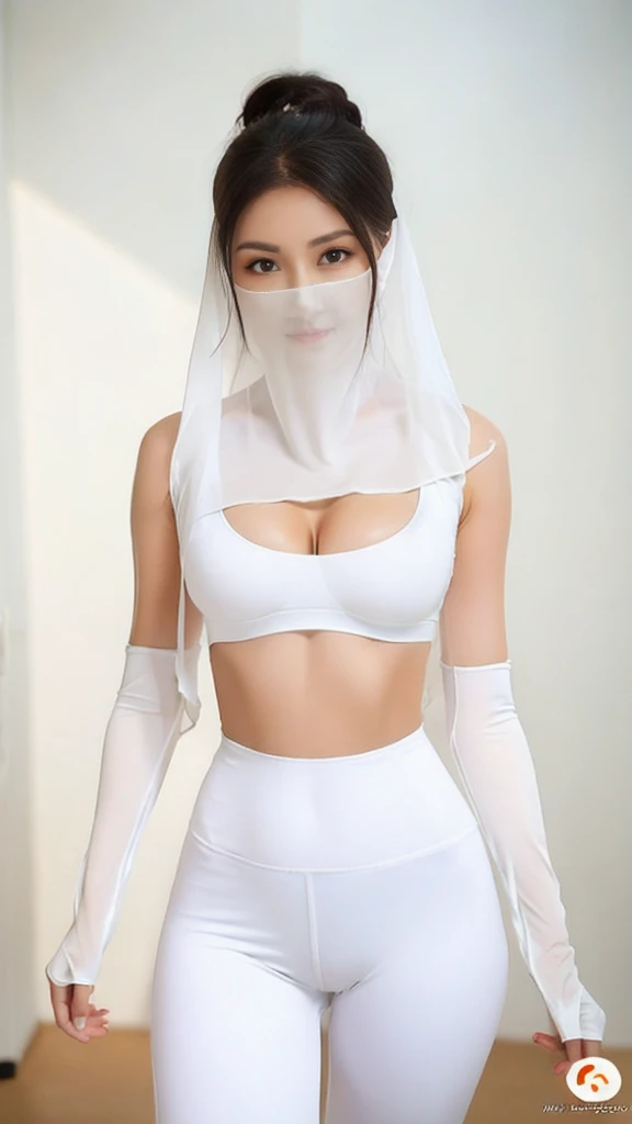 (lifelike, high - resolution:1.3),full body , 1 girl with a perfect body, Super fine face and eyes,slong hair, midriff of white colors:1.2, white shiny leggings,face veil, big boob,Expose cleavage, ninja pose.