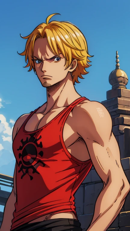 (1man, f0l2s4g), (extremely detailed CG unit 8k wallpaper),(master part), (best quality), (ultra detail), (best illustration),(One Piece Style), cowboy shot, (Sharp eyeliner, ombre, detailed eyes:1), exotic alien temple background, break , upper body, red and black tank top,