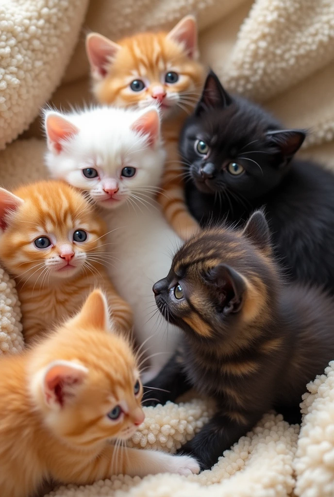 There are 5 kittens, 2 white, 1 orange, 1 black, and 1 black tortie