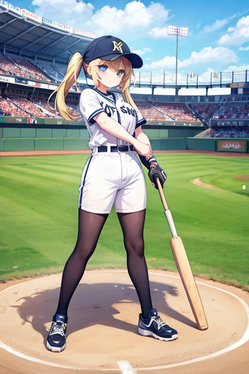 Highest quality,masterpiece,Blonde with blue eyes、Hanshin Tigers,uniform,Baseball player、Batterbox,Stand at bat,Cool batting form,Holding a wooden bat,Make a predicted home run,,(koshien BaseballStadium1.1),Beautiful breasts、Twin tails、Girl&#39;s cute eyes,under boob,enjoy,