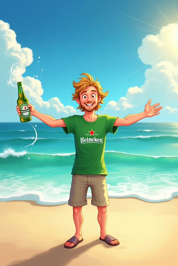 Create an image of a young white man with blond hair wearing a Heineken shirt on the beach announcing that he is on vacation. Put a sentence saying I'm on vacation and take the beer out of my hand Disney style