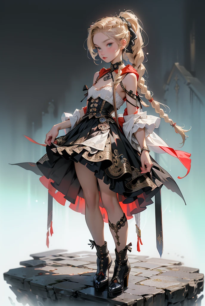 (((masterpiece, of the highest quality, super detailed))), 1girl, (big forhead:1.2),extremely detailed cute anime face, (((flat chest))), ((flat chest:1.1)),((((long twin braids,tight braids,long braid,braided hair,long hair)))), long hair, red hair, white hair, blonde hair, dark hair, ((ponytail, thick ponytail, heavy ponytail)), (a female knight of an occult order), (an occult saint), (combat pose), (ready for combat), (resolved expression), (resolute expression), (((a beautifully intricate ornate floating ritual sword))), Edwardian/Victorian era inspired, ((minimal but intricate beautiful armour)), ((Fluttering lace flared dress with frilly petticoats)), ((((Highly detailed face))), (((Very sharp focused eyes))), very long eyelashes, ((small breasts)), (((flat chest:1.1))), occult aesthetic, (red and white clothing detailed and intricate steampunk and detailed gothic), (with a hood), complex lace boots, (full body), 