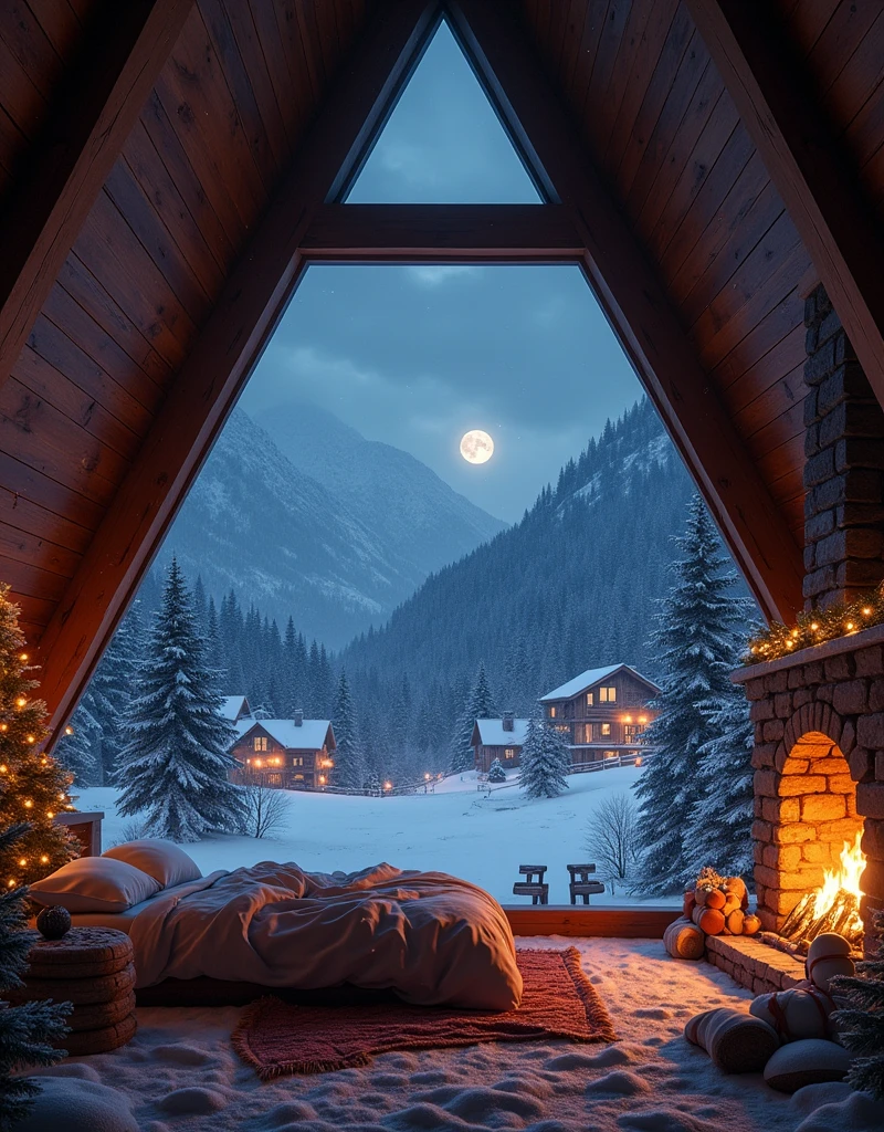   sky dark night .In night christmas. A bedroom in a wooden house made of glass triangular with a fireplace .overlooking outside the white snow in the mountain forest.In the distance, a few small houses lit up with Christmas lights in the forest