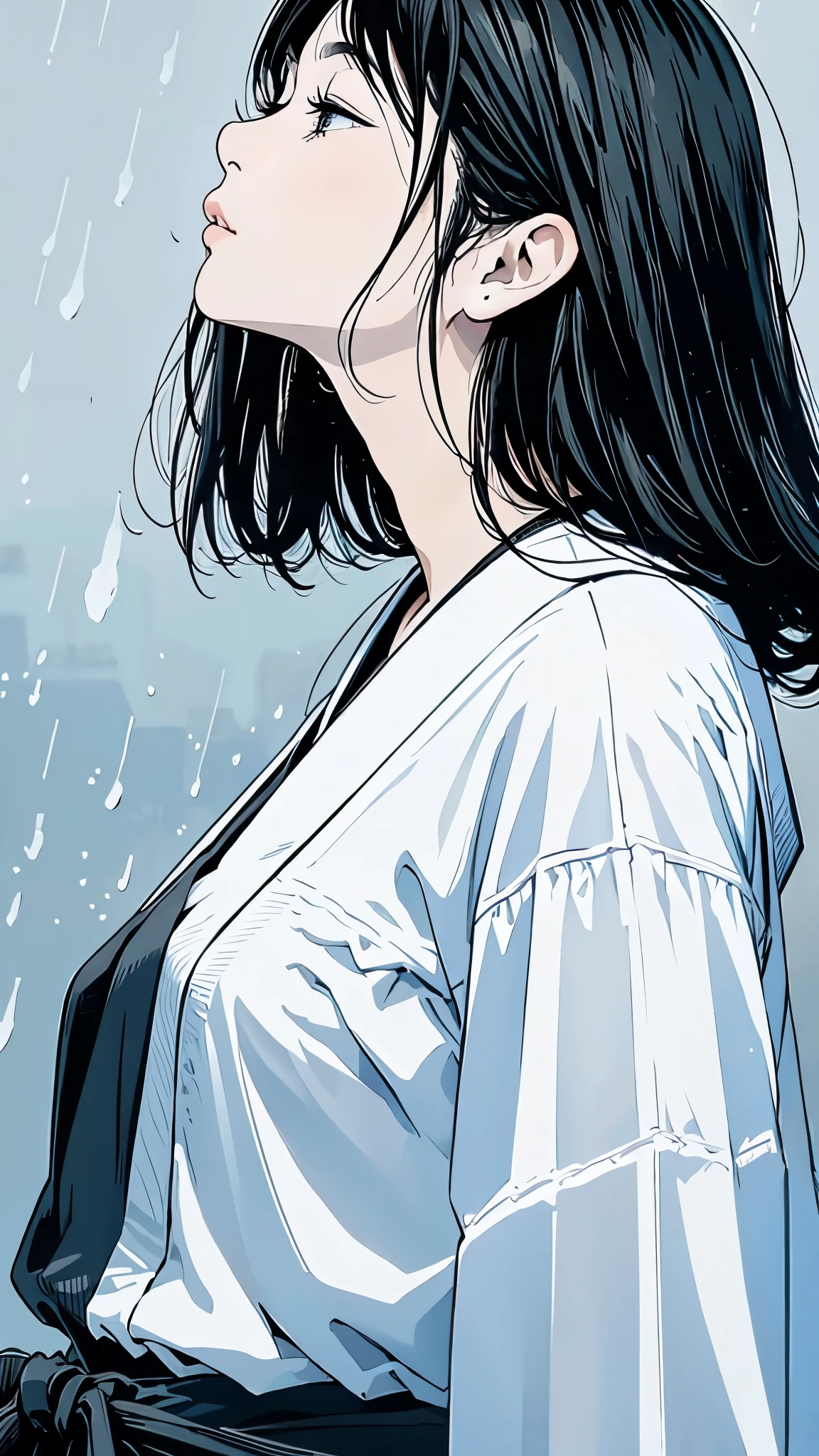 Master Painting、Highest quality、scenery、rain、woman、Very depressive、Black Hair、Looking up、profile、Upper Body、Black jersey、Mid-chest、Japanese。
