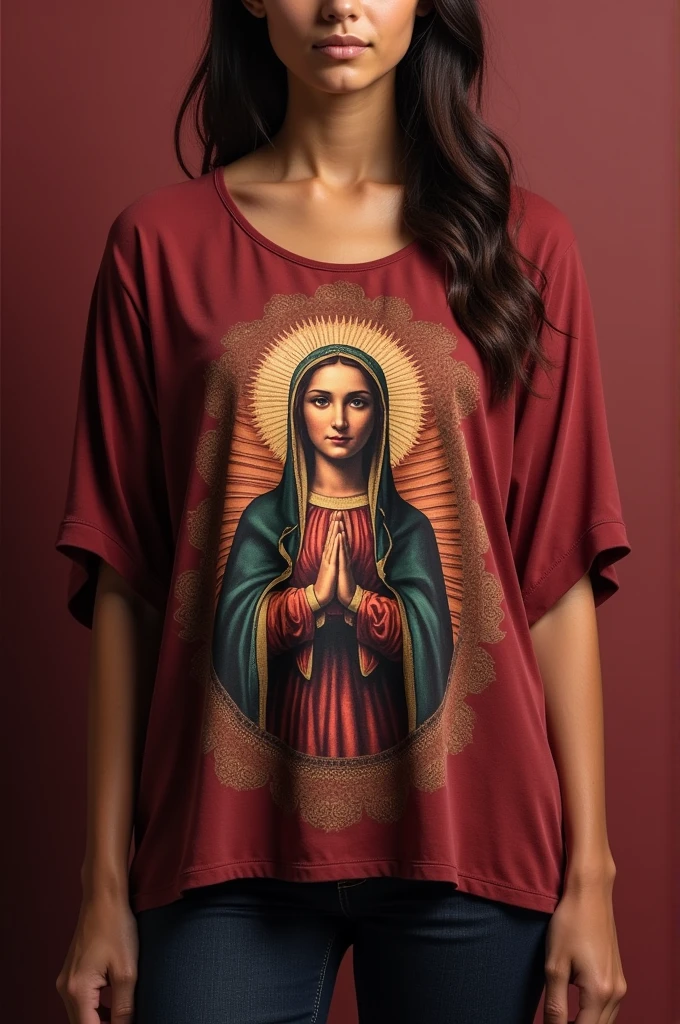 A blouse with a print of Our Lady of Aparecida in marsala color