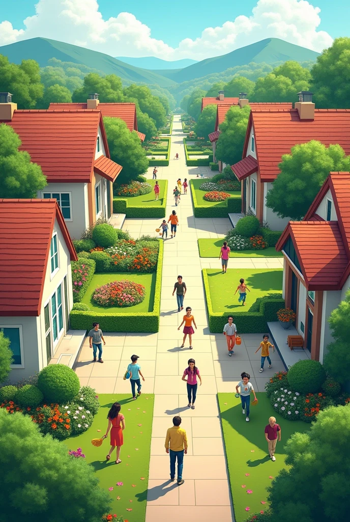 create a landscape of good and clean community, has peoples, houses, trees, bushes, and flowers.