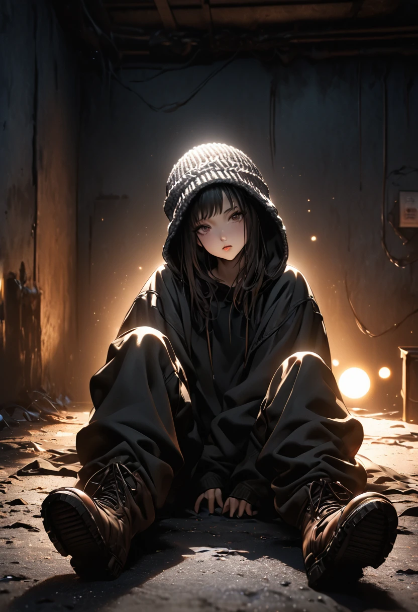 masterpiece, best quality, extremely detailed CG unity 8k wallpaper, This illustration is a very cool illustration modeled after a rapper. It looks like her face is hidden by a knitted cap. A hood is worn over a knitted hat. He wears an oversized hoodie and oversized pants. He is wearing black high-cut boots. I sit with my legs stretched out in front of a large, dirty wall. The background is a realistic dark slum. spotlight light. bokeh photography, (soft focus):1.2, out-of-focus highlights, dreamy ambiance, glowing circles, mesmerizing depth,depth of field