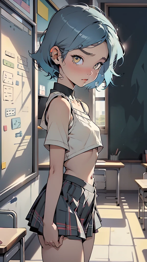 classroom, school, school uniform, plaid skirt lift, uniform colors black and white , ((flat chested, flat stomach, baby face)), (intense colors) baby blue hair, yellow eyes