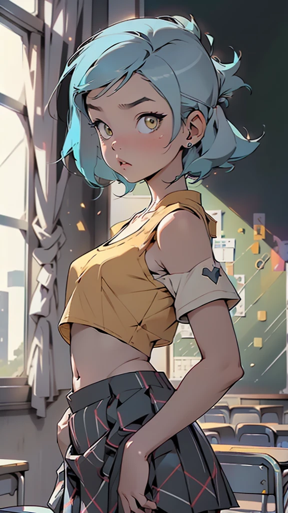 classroom, school, school uniform, plaid skirt lift, uniform colors black and white , ((flat chested, flat stomach, baby face)), (intense colors) baby blue hair, yellow eyes