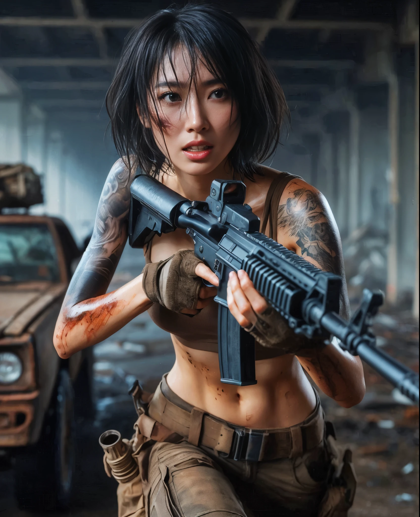 8k,Realistic Photo、Realistic Skin Texture、Superrealism、Japanese women in the U.S. military、Tattoo、Under the old bridge、Waste、Automatic rifle、Heavy equipment、after the rain、Covered in scars、It is dirty、muscle、The background is out of focus、Run while avoiding gunfire、Bullets at your feet、Desperate look、Scream、Dramatic Images、Sprinting Fierce Battle、Ace、Flying bullets