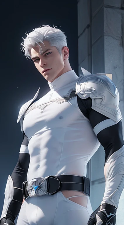 quarter body photorealistic handsome hunky masculine Estriker white haired Young Jack,  unreal engine, extremely attractive male wearing white micro scales transparent mesh bodysuit with gloves and belt, ,,extremely masculine physique, intricately super bulge, realistic skin, short tousled hair, fantasy background. powers: ice manipulation,, in action,,