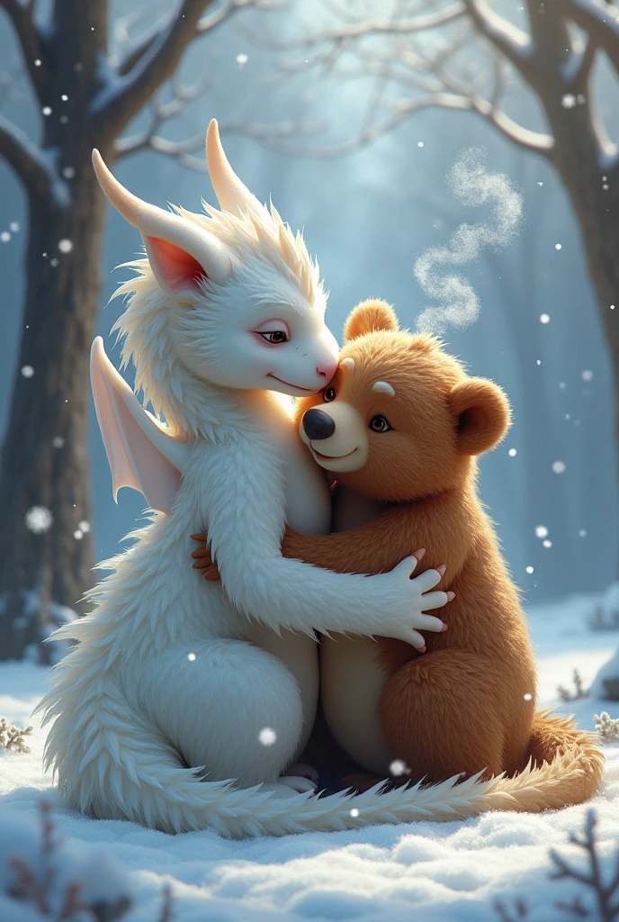 White dragon cuddling with a bear