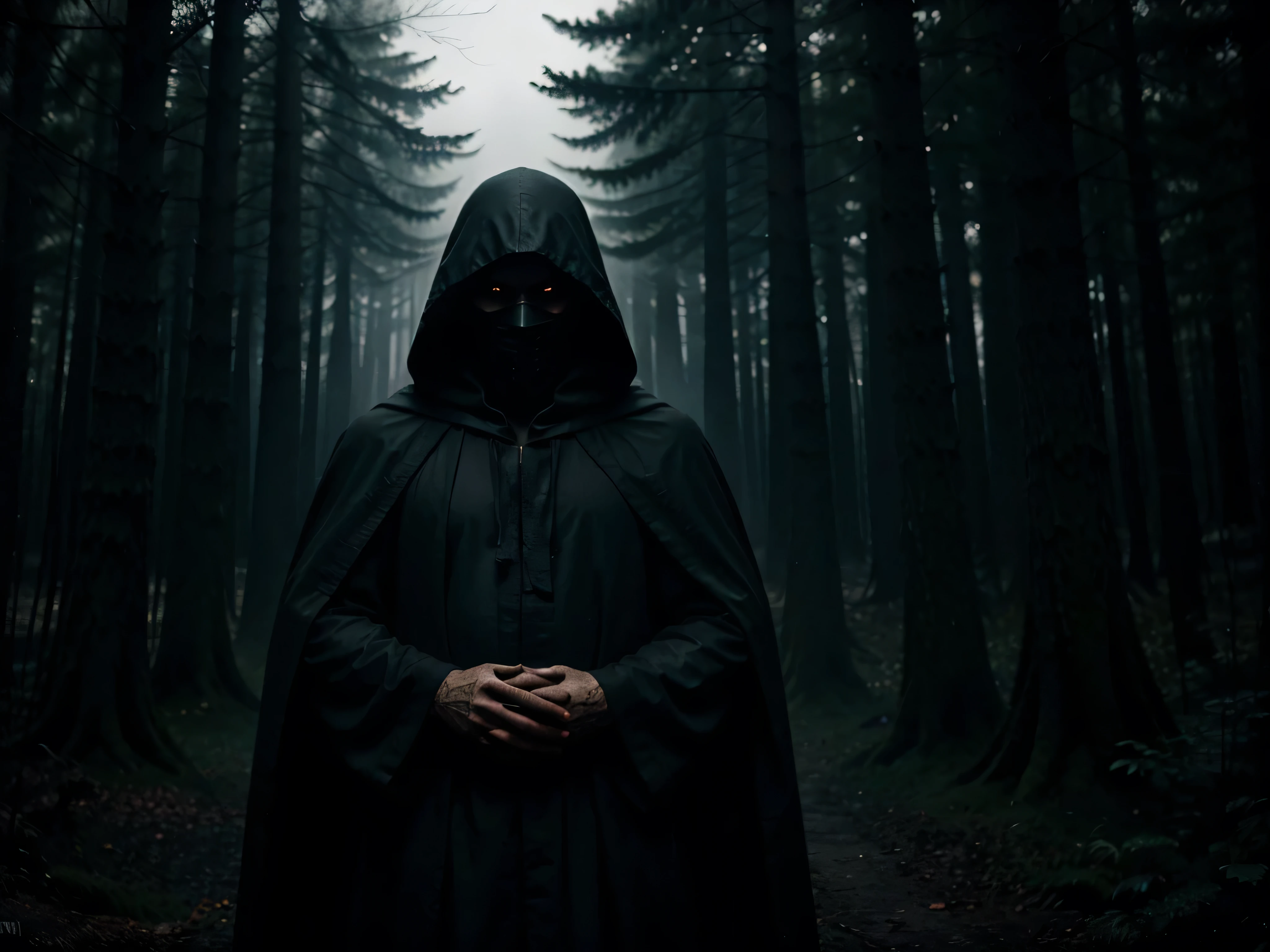 In the depths of a shadowy forest, an ominous, cloaked figure looms, his hooded face obscured by darkness. This eerie being, known as the Stygian Enchanter, is captured in a hauntingly detailed photograph. The image is rich in contrasts, with deep blacks and eerie greens enhancing the enchanter's sinister aura. The details are sharp and vivid, bringing out the intricate patterns on his robes and the glint of malevolent eyes peering out from the shadows. This high-quality photograph transports viewers into a realm of dark magic and mystical intrigue.