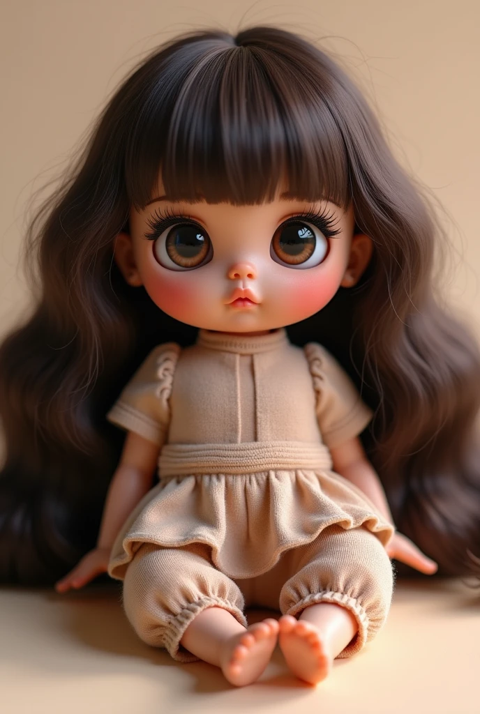 Chubby Blythe doll medium brown skin, medium length lashes. Long wavy hair. black hair dark brown eyes