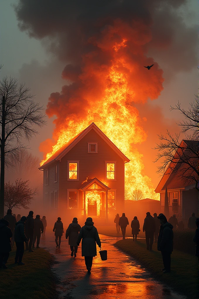 Once upon a time a house caught fire. All the people were evacuated from the house. Some people from the neighbourhood started extinguishing the fire while some people were just watching. There was a bird's nest in the same house.