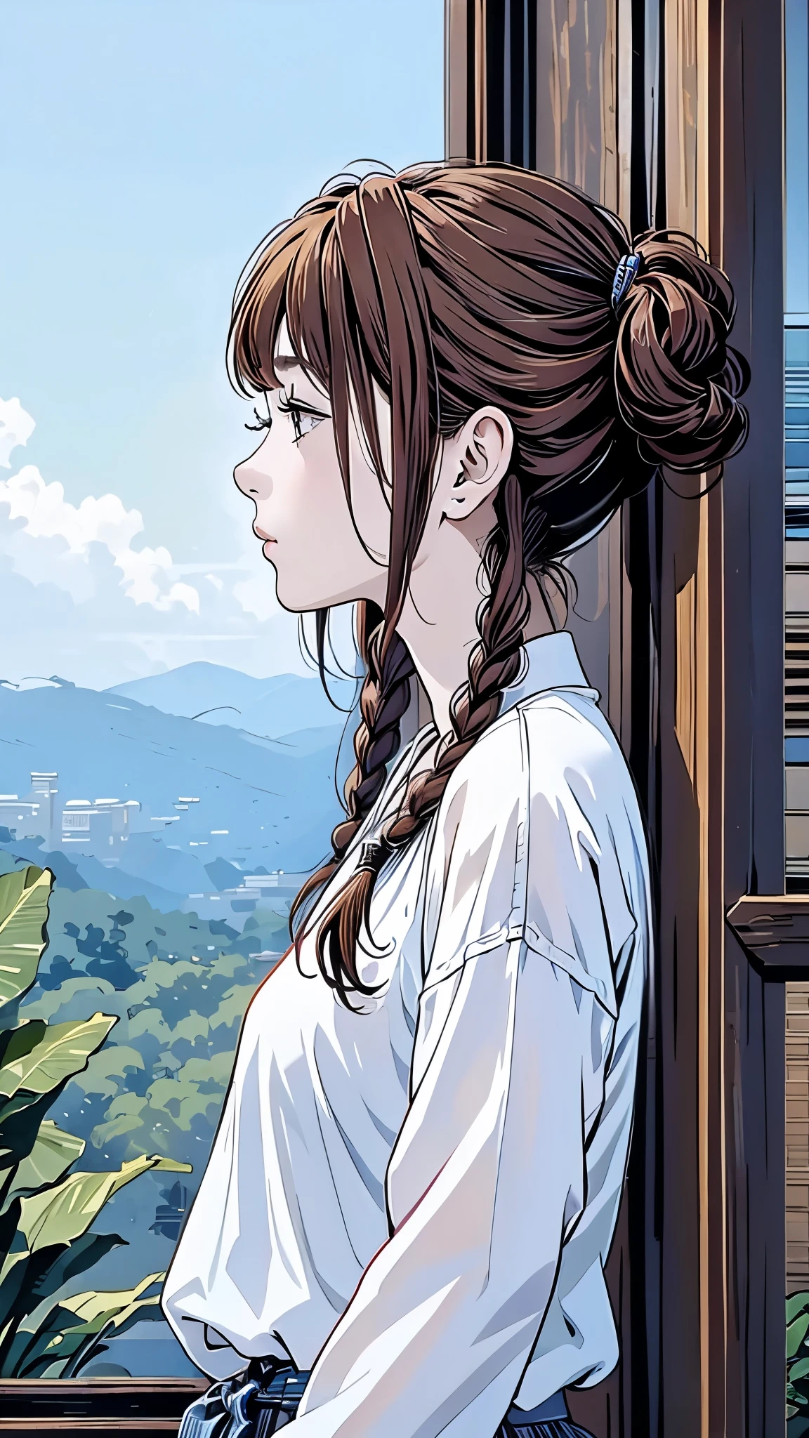 Master Painting、Highest quality、scenery、rain、woman、Very depressive、Red hair、Pigtails、Braid、Freckles、Looking up、profile、Upper Body、Black jersey、Mid-chest、White。