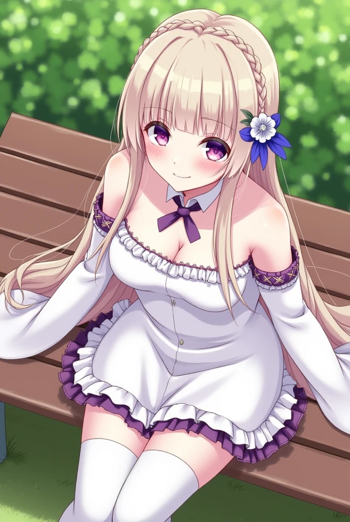 Close-up of a girl bathing in the Garden of Eden　Clear spring　((NSFW))　(((long hair)))　((())) (((5 )))　happy face　water play　open your legs　spread your legs　　purple eyes　blonde　Purple flower hair ornament