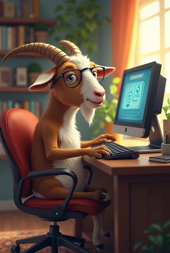 Goat using computer
