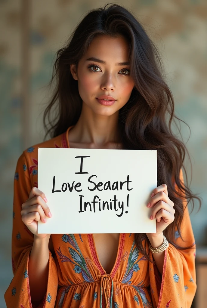 Beautiful girl with wavy long hair, bohemian dress, holding a white board with text "I Love Seaart Infinity" and showing it to the viewer
