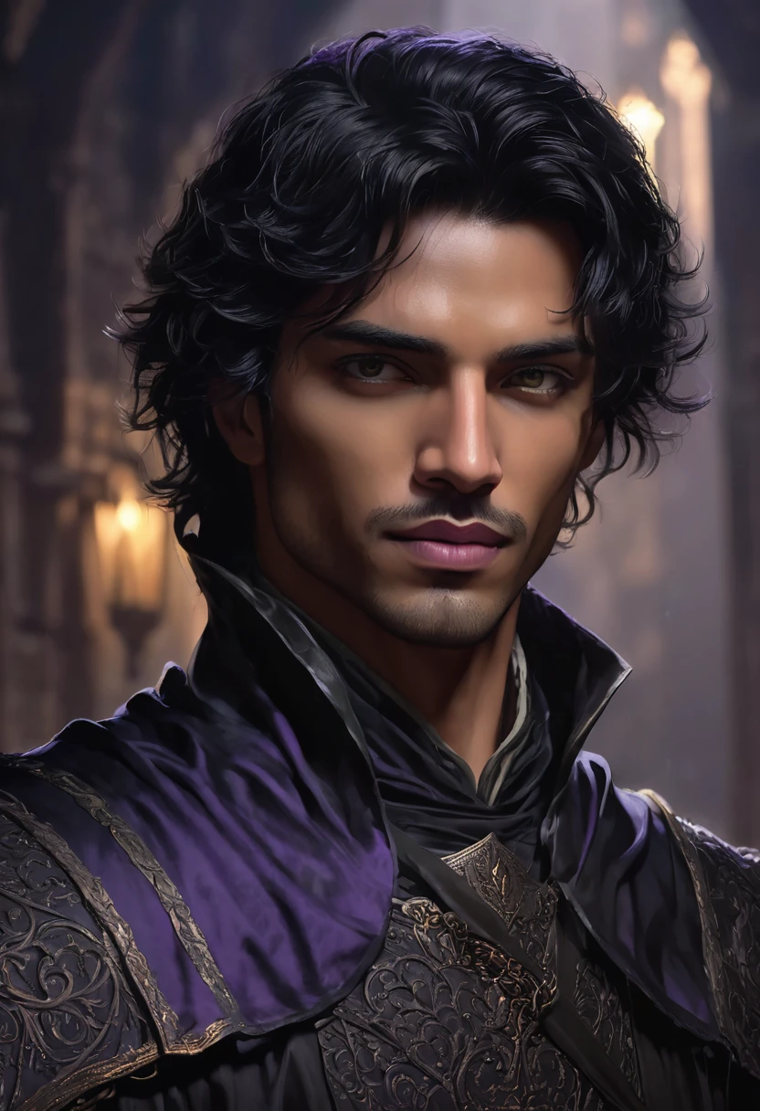 1 man, the background is gloomy night, wearing a black medieval outfit, detailed facial features, male purple eyes, detailed dark tan skin, short black hair, handsome prince face, dramatic lighting, cinematic composition, moody light palette, dark colors, atmospheric haze, square jaw, soft face, strong and handsome man, adult man, ultra realistic, profile picture, adult man (best quality, 4K, 8K, high resolution, art: 1.2), ultra detailed (realistic, photorealistic, photorealistic: 1.37)