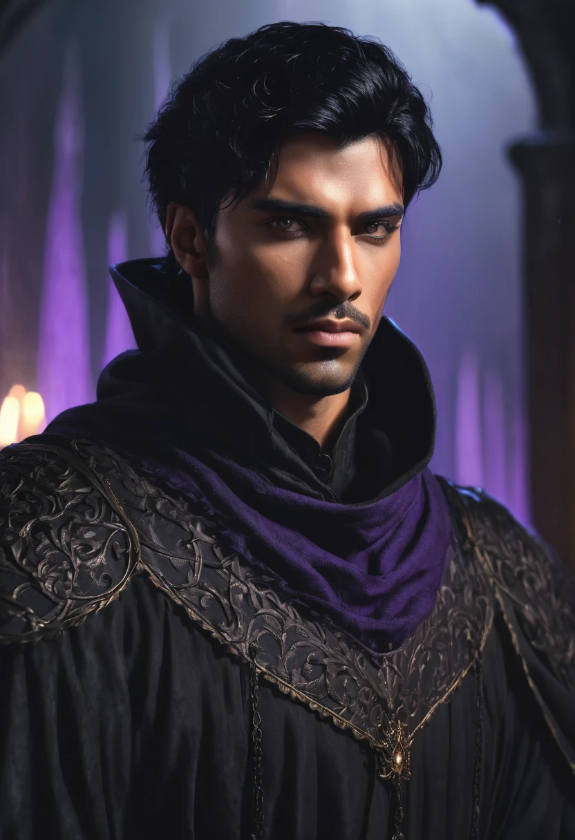1 man, the background is gloomy night, wearing a black medieval outfit, detailed facial features, male purple eyes, detailed dark tan skin, short black hair, handsome prince face, dramatic lighting, cinematic composition, moody light palette, dark colors, atmospheric haze, square jaw, soft face, strong and handsome man, adult man, ultra realistic, profile picture, adult man (best quality, 4K, 8K, high resolution, art: 1.2), ultra detailed (realistic, photorealistic, photorealistic: 1.37)