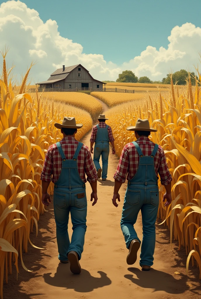 A corn field with men harvesting 