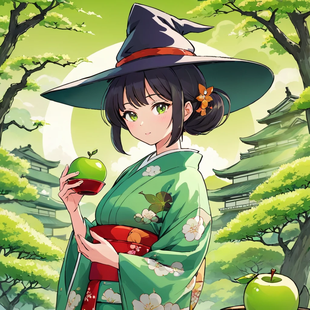 Japanese woman wearing kimono, witch, cartoon, holding Apple Green Tea, Japanese environment background