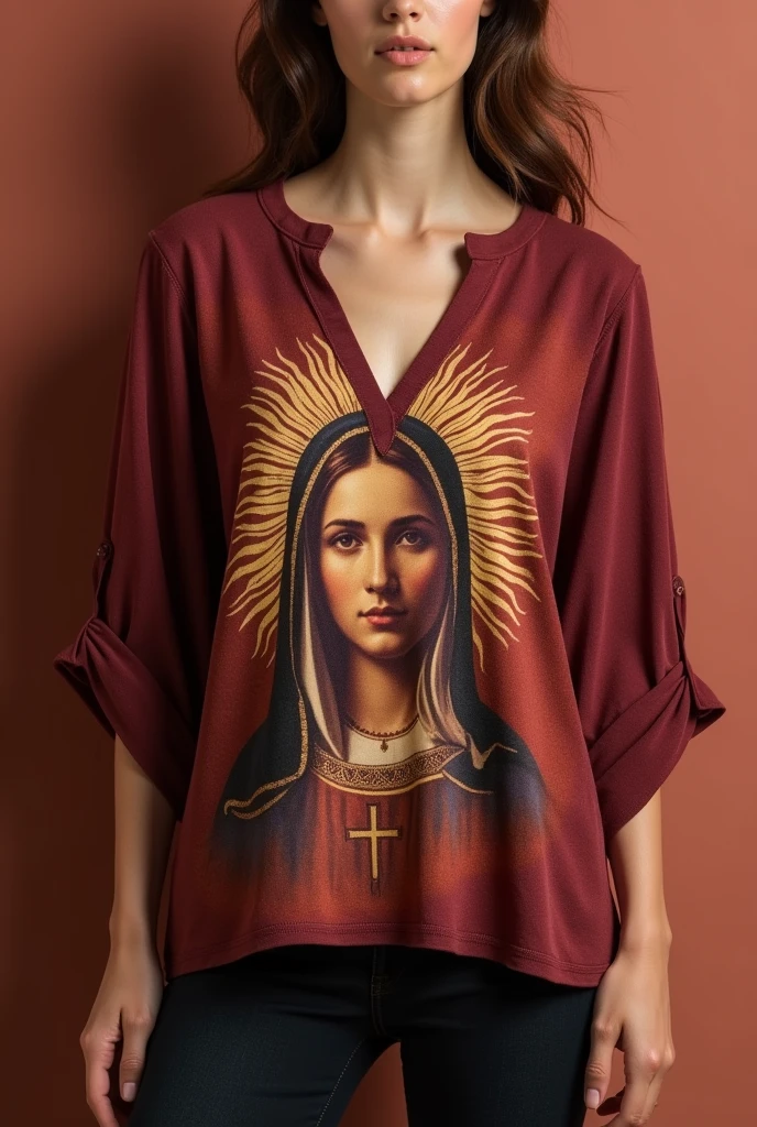 A blouse with a print of Our Lady of Aparecida in marsala color