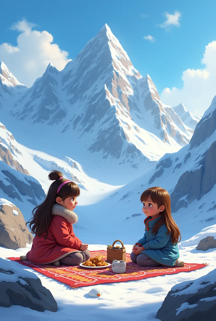 Raising a 7-year-old child, with long hair down to the back, straight brown hair without bangs, eyes browns, slim, wearing cold clothes, Caucasian skin , with a scenery of snowy mountains , together with her friend having a picnic , your friend has long brown hair without bangs down to her waist , eyes browns, Caucasian skin , wearing winter clothes.
And now create an image with this character in this story..
**Title: "The Magical Picnic in the Frozen Mountains"**
On a radiant day, MAITÊ e Letícia, two 7 year old friends, were about to embark on an unforgettable adventure. They both loved exploring new places and experiencing new emotions., and today they had planned a special picnic near the majestic icy mountains of Chile.
With their backpacks full of sandwiches, fruits, juices and a colorful blanket, MAITÊ e Letícia partiram para o local onde as montanhas se encontravam com o céu azul. The snow-capped mountain peaks glistened in the sun, and the cool, fresh air was invigorating.
"Let's have our picnic right next to those huge rocks!" Leticia suggested, pointing to a flat area that looked ideal for lunch.
MAITÊ, always excited, agreed and the two girls began to prepare the space. Spreading the colorful blanket over the snow, They arranged the food in an organized manner and created a cozy atmosphere..
While they ate, MAITÊ e Letícia conversavam sobre suas aventuras passadas e sonhavam com futuras explorações. MAITÊ estava ansiosa para explorar as cavernas que se formavam nas bases das montanhas, while Letícia was fascinated by the stories of ancient explorers who had conquered these lands.
After the picnic, the girls decided to explore the surroundings. Using toy binoculars, observed wildlife and found animal tracks that appeared to be hidden under the snow. "Look there!" exclaimed Leticia, pointing to a group of penguins playing on the slopes.
Curious and lively, MAITÊ e Letí