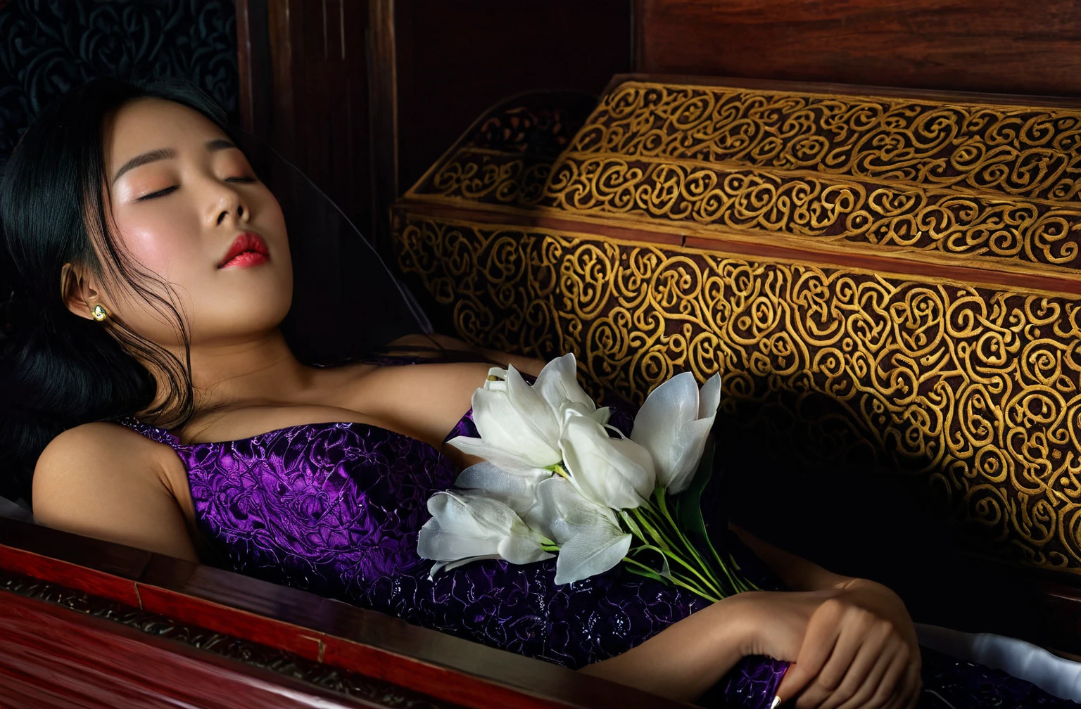 In a striking 8K HDR scene, a stunning Korean woman, 22 years old, lies peacefully in a coffin and coffin cover surrounded by plush pillows behind head. The deep box is set against a rich black background, accentuating the beauty of the subject. Her exquisite deep-V neckline kebaya attire is embroidered with superb detail, showcasing her round and firm breasts, perfect cleavage, and beautiful eyebrows. Her closed eyes and mouth give an air of serenity, while her visible and absolute cleavage leave nothing to imagination. The scene is bathed in saturated colors, highlighting every intricate aspect from the ball skirt to her clean face, straight body, detailed hand perfect hands, straight body, own hands together, own hand on stomach, detailed hands, perfect hands, holding the flowers, waring high heels