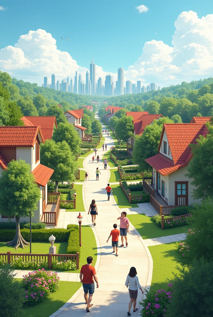 create a landscape of good and clean community, has peoples, houses, trees, bushes, flower and a good city.