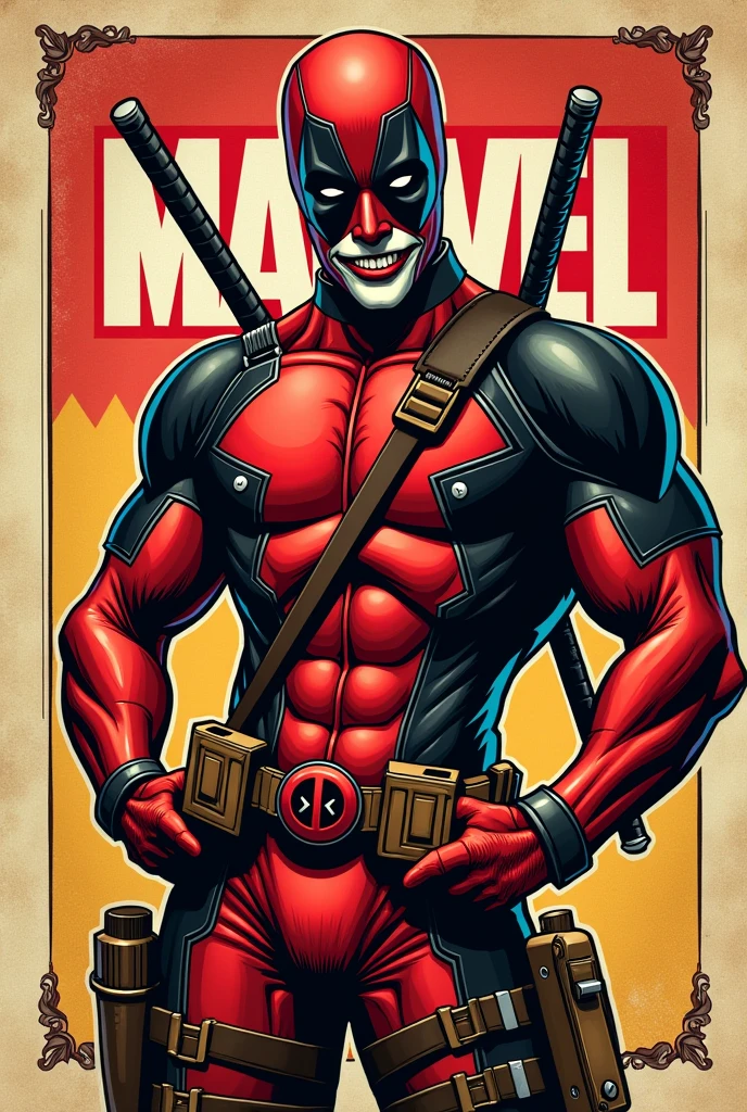 Cover for old style Marvel comics with a character wearing Deadpool and Joker clothes