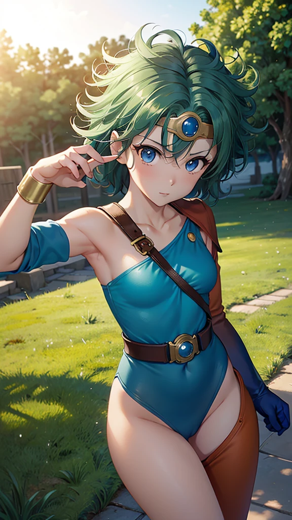 (((SFW、sound、Highest quality、First class work、Normal body、、Detailed face、Ultra-precision、Normal hand、通常のrefer to、5refer to、Highest)))、beautiful girl、yamato nadeshiko、Small breasts、Shortcuts、Blue leotard、Shoulder Off、Red Cape、Circlet、Bastard sword、shield、Dragon Quest、grassland、Depict every detail、Noise is kept to a minimum