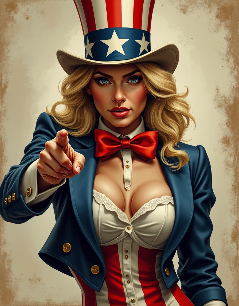 Mature beautiful woman,(Highest quality,Extremely detailed depiction,Incredibly absurd high resolution,Anatomically accurate depiction),article:I Want You for U.S. Army,Woman dressed as Uncle Sam,Pointing here,Poster
