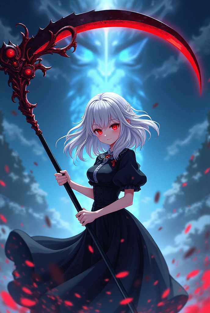 The cover image of the manga, Gray Grim Reaper Scythe, features a cute girl with waist-length white hair and ruby red eyes, standing in a beautiful pose holding a scythe The sickle has a single black handle.