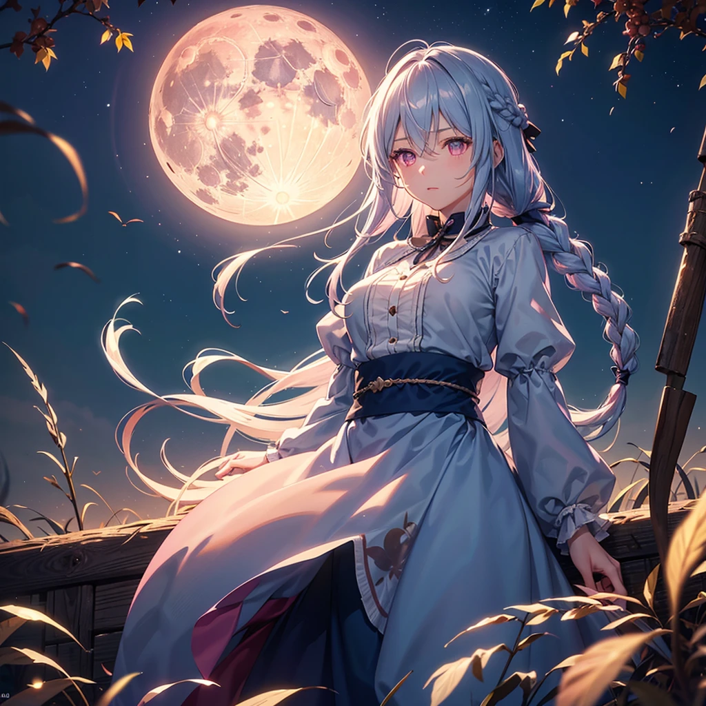 (Sky blue braided medium length hair), (Pink eyes),(Fair skin)  ,(whole body),(One Girl),(harvest moon),(Miscanthus sinensis in the background),autumn,(full moon),(masterpiece, Highest quality, Very detailed, Best Shadow), (Detailed Background), (Beautifully detailed face), High Contrast, (Best lighting, Very delicate and beautiful), ((Cinematic Light)), Hyper Detail,8k, Dramatic Light, 