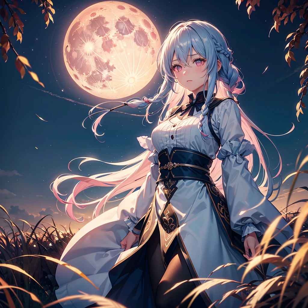 (Sky blue braided medium length hair), (Pink eyes),(Fair skin)  ,(whole body),(One Girl),(harvest moon),(Miscanthus sinensis in the background),autumn,(full moon),(masterpiece, Highest quality, Very detailed, Best Shadow), (Detailed Background), (Beautifully detailed face), High Contrast, (Best lighting, Very delicate and beautiful), ((Cinematic Light)), Hyper Detail,8k, Dramatic Light, 