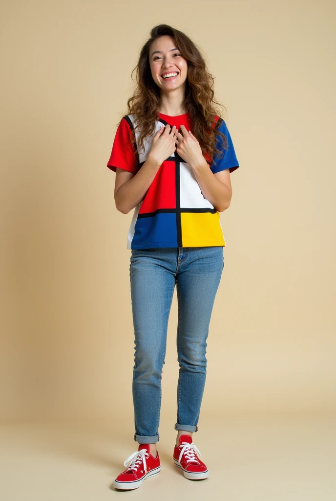One Woman,Brown long hair,Have a happy face、He is wearing a shirt with Mondrian's Composition pattern.,The shirt is made up of red, yellow, blue and white squares.,Supporting the chest from below with both hands,Red sneakers,Standing with weight on the right foot,Simple Background,Taken with a Fujifilm SLR