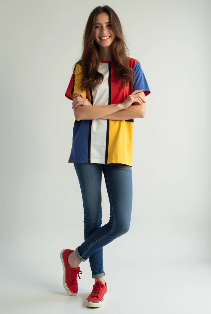 One Woman,Brown long hair,Have a happy face、He is wearing a shirt with Mondrian's Composition pattern.,The shirt is made up of red, yellow, blue and white squares.,Supporting the chest from below with both hands,Red sneakers,Standing with weight on the right foot,Simple Background,Taken with a Fujifilm SLR