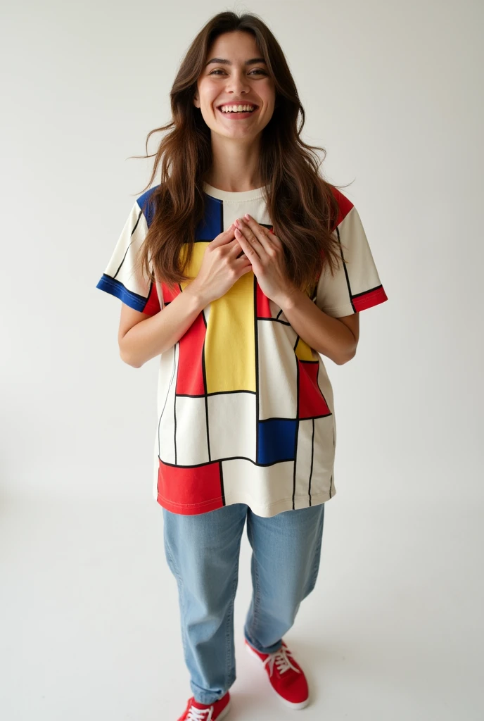 One Woman,Brown long hair,Have a happy face、He is wearing a shirt with Mondrian&#39;s Composition pattern.,The shirt is made up of red, yellow, blue and white squares.,Supporting the chest from below with both hands,Red sneakers,Standing with weight on the right foot,Simple Background,Taken with a Fujifilm SLR