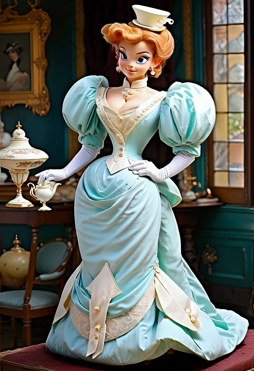 Year 1898. Humanized Daisy Duck as a hot yo Gibson Girl, seducing a horny 69yo gentleman. 1890s fashion. Victorian high-collar turquoise dress with long puff sleeves cuffed into wrist-high white silk gloves.