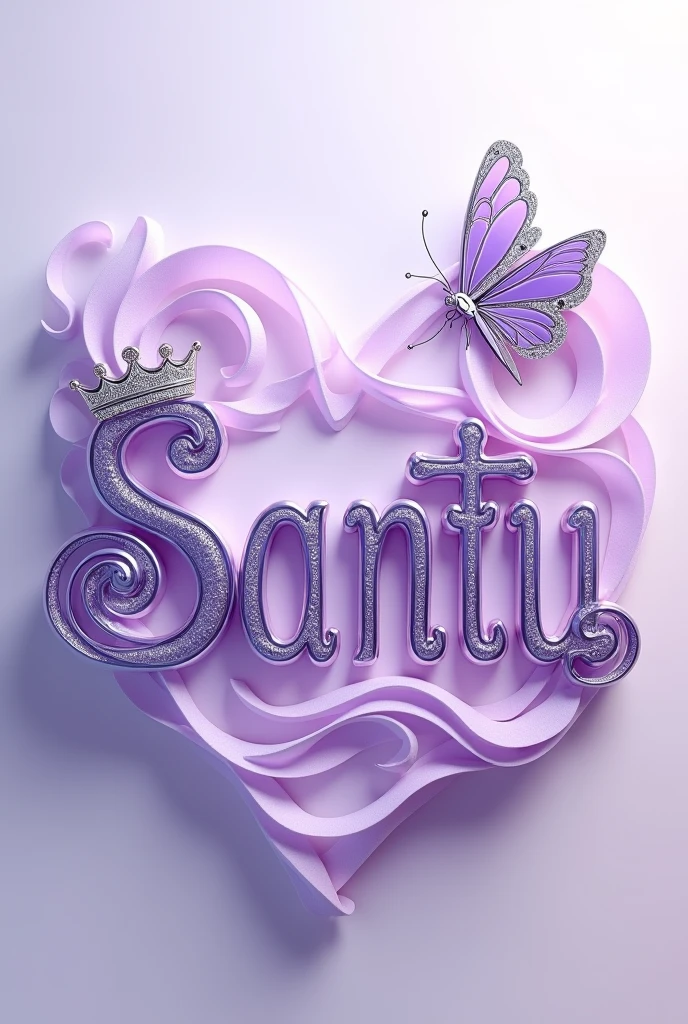A stunning anime-inspired conceptual art piece, featuring the name "Santu" in exquisite, swirling purple and lilac typography. The elegant lettering is adorned with a dazzling silver crown, emphasizing the first letter and radiating luxury and sophistication. A captivating metallic and lavender butterfly gracefully flies above, symbolizing freedom and elegance. Perfect for a poster, this 3D render captures the essence of love and appreciation for a mother, showcasing the artistry and creativity of anime typography, and cinematics.
without lines or anything around the name, highlighting the writing with very large letters on a clean and harmonious background